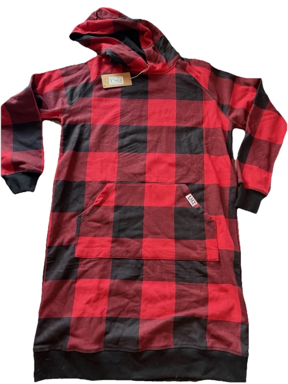 Lazy One Red/Black Buffalo Plaid Pullover Fleece Hoodie Snuggie Robe Pockets S/M - Picture 2 of 6
